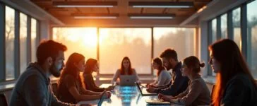 Ein hell erleuchtetes, modernes Arbeitszimmer mit großen Fenstern, in dem eine diverse Gruppe von Menschen unterschiedlicher Generationen konzentriert um einen futuristischen Tisch mit holografischen Displays und leichten technologischen Geräten versammelt ist, während warme Sonnenstrahlen durch das Fenster fallen und eine Atmosphäre von Optimismus und gemeinsamer Zukunftsgestaltung schaffen.