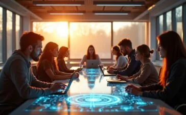 Ein hell erleuchtetes, modernes Arbeitszimmer mit großen Fenstern, in dem eine diverse Gruppe von Menschen unterschiedlicher Generationen konzentriert um einen futuristischen Tisch mit holografischen Displays und leichten technologischen Geräten versammelt ist, während warme Sonnenstrahlen durch das Fenster fallen und eine Atmosphäre von Optimismus und gemeinsamer Zukunftsgestaltung schaffen.