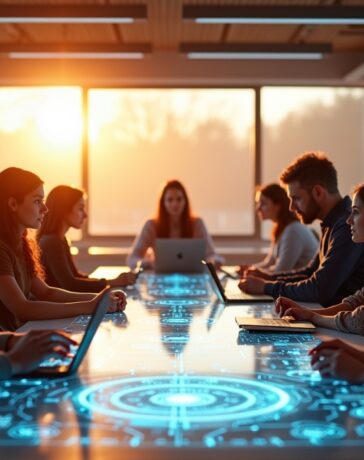 Ein hell erleuchtetes, modernes Arbeitszimmer mit großen Fenstern, in dem eine diverse Gruppe von Menschen unterschiedlicher Generationen konzentriert um einen futuristischen Tisch mit holografischen Displays und leichten technologischen Geräten versammelt ist, während warme Sonnenstrahlen durch das Fenster fallen und eine Atmosphäre von Optimismus und gemeinsamer Zukunftsgestaltung schaffen.