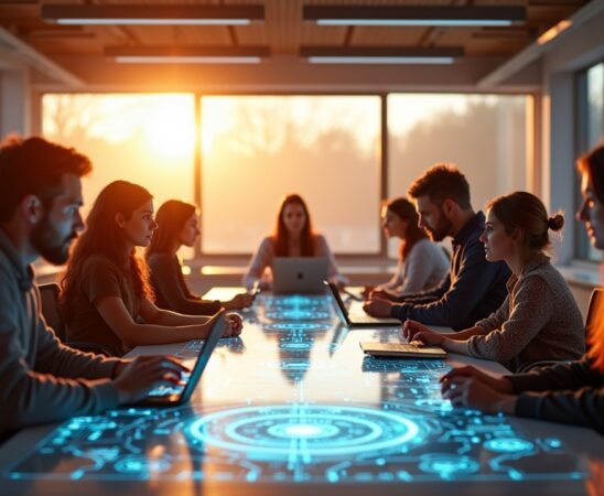 Ein hell erleuchtetes, modernes Arbeitszimmer mit großen Fenstern, in dem eine diverse Gruppe von Menschen unterschiedlicher Generationen konzentriert um einen futuristischen Tisch mit holografischen Displays und leichten technologischen Geräten versammelt ist, während warme Sonnenstrahlen durch das Fenster fallen und eine Atmosphäre von Optimismus und gemeinsamer Zukunftsgestaltung schaffen.