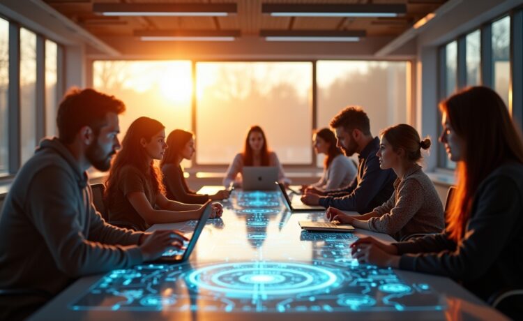 Ein hell erleuchtetes, modernes Arbeitszimmer mit großen Fenstern, in dem eine diverse Gruppe von Menschen unterschiedlicher Generationen konzentriert um einen futuristischen Tisch mit holografischen Displays und leichten technologischen Geräten versammelt ist, während warme Sonnenstrahlen durch das Fenster fallen und eine Atmosphäre von Optimismus und gemeinsamer Zukunftsgestaltung schaffen.