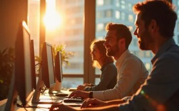 Ein warm beleuchtetes, modernes Büro mit konzentrierten Mitarbeitenden, die in freundlicher Teamatmosphäre vor Bildschirmen sitzen, während Sonnenlicht durch große Fenster fällt und eine Atmosphäre von zukunftsweisender Zusammenarbeit und verantwortungsbewusstem Umgang mit digitalen Daten schafft.