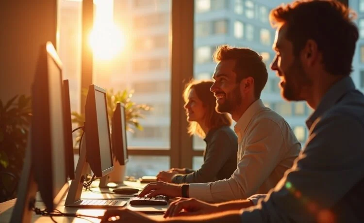 Ein warm beleuchtetes, modernes Büro mit konzentrierten Mitarbeitenden, die in freundlicher Teamatmosphäre vor Bildschirmen sitzen, während Sonnenlicht durch große Fenster fällt und eine Atmosphäre von zukunftsweisender Zusammenarbeit und verantwortungsbewusstem Umgang mit digitalen Daten schafft.