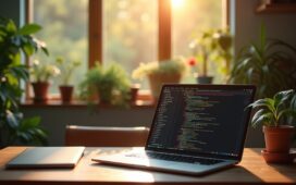 Ein hell erleuchteter, moderner Arbeitsplatz mit einem offenem Laptop, auf dessen Bildschirm klare Python-Codezeilen für Textverarbeitung zu sehen sind, umgeben von freundlichen Pflanzen und warmem Tageslicht, das eine kreative und ruhige Atmosphäre für effizientes Programmieren ohne komplexe Frameworks vermittelt.