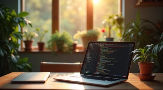 Ein hell erleuchteter, moderner Arbeitsplatz mit einem offenem Laptop, auf dessen Bildschirm klare Python-Codezeilen für Textverarbeitung zu sehen sind, umgeben von freundlichen Pflanzen und warmem Tageslicht, das eine kreative und ruhige Atmosphäre für effizientes Programmieren ohne komplexe Frameworks vermittelt.