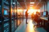 Ein sonnenbeschienener, moderner Rechenzentrumsflur mit glänzenden Serverräumen, in denen technikaffine Mitarbeiter:innen mit fokussiertem, zugleich gelassenem Blick an Bildschirmen arbeiten, umgeben von warmem Tageslicht, das eine Atmosphäre von Innovation und verantwortungsbewusstem Fortschritt ausstrahlt.