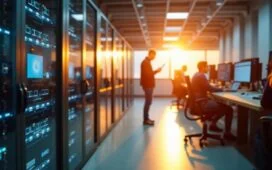 Ein sonnenbeschienener, moderner Rechenzentrumsflur mit glänzenden Serverräumen, in denen technikaffine Mitarbeiter:innen mit fokussiertem, zugleich gelassenem Blick an Bildschirmen arbeiten, umgeben von warmem Tageslicht, das eine Atmosphäre von Innovation und verantwortungsbewusstem Fortschritt ausstrahlt.