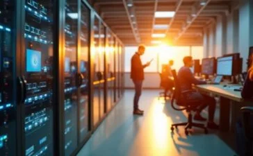 Ein sonnenbeschienener, moderner Rechenzentrumsflur mit glänzenden Serverräumen, in denen technikaffine Mitarbeiter:innen mit fokussiertem, zugleich gelassenem Blick an Bildschirmen arbeiten, umgeben von warmem Tageslicht, das eine Atmosphäre von Innovation und verantwortungsbewusstem Fortschritt ausstrahlt.