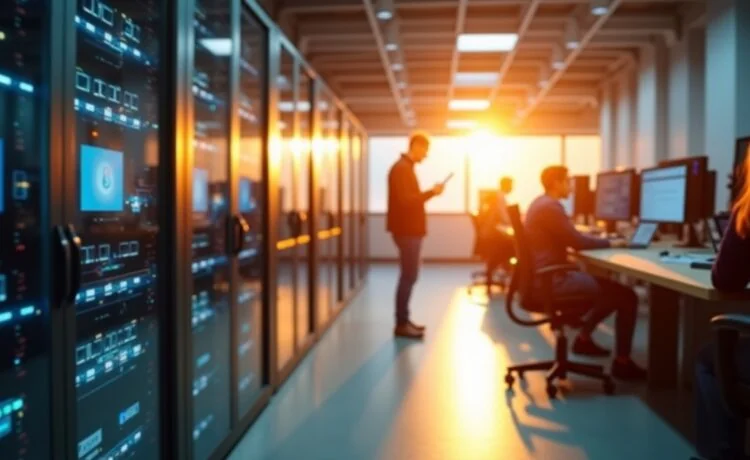 Ein sonnenbeschienener, moderner Rechenzentrumsflur mit glänzenden Serverräumen, in denen technikaffine Mitarbeiter:innen mit fokussiertem, zugleich gelassenem Blick an Bildschirmen arbeiten, umgeben von warmem Tageslicht, das eine Atmosphäre von Innovation und verantwortungsbewusstem Fortschritt ausstrahlt.