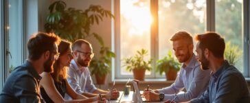 Ein freundliches, natürlich beleuchtetes Büro mit einem aufmerksam und engagiert arbeitenden Entwickler-Team, das bei hellem Tageslicht an einem klar strukturierten, barrierefreien Webdesign-Projekt arbeitet und dabei gemeinsam an ethischen Gestaltungslösungen feilt, die Vertrauen, Transparenz und Nutzerfreundlichkeit ausstrahlen.