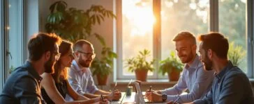 Ein freundliches, natürlich beleuchtetes Büro mit einem aufmerksam und engagiert arbeitenden Entwickler-Team, das bei hellem Tageslicht an einem klar strukturierten, barrierefreien Webdesign-Projekt arbeitet und dabei gemeinsam an ethischen Gestaltungslösungen feilt, die Vertrauen, Transparenz und Nutzerfreundlichkeit ausstrahlen.