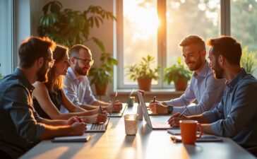 Ein freundliches, natürlich beleuchtetes Büro mit einem aufmerksam und engagiert arbeitenden Entwickler-Team, das bei hellem Tageslicht an einem klar strukturierten, barrierefreien Webdesign-Projekt arbeitet und dabei gemeinsam an ethischen Gestaltungslösungen feilt, die Vertrauen, Transparenz und Nutzerfreundlichkeit ausstrahlen.