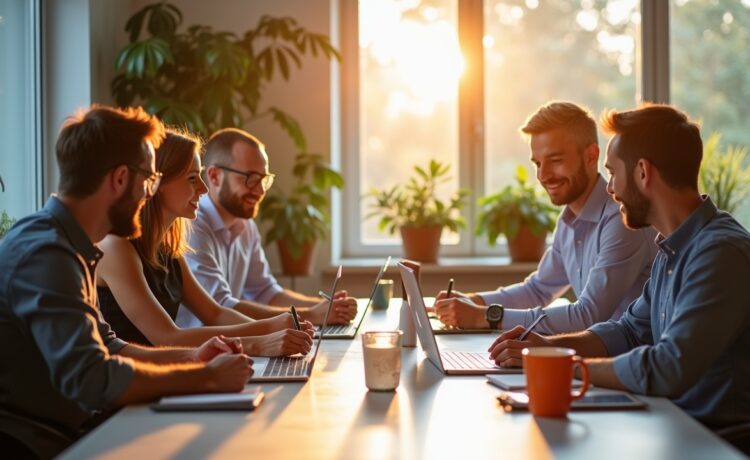 Ein freundliches, natürlich beleuchtetes Büro mit einem aufmerksam und engagiert arbeitenden Entwickler-Team, das bei hellem Tageslicht an einem klar strukturierten, barrierefreien Webdesign-Projekt arbeitet und dabei gemeinsam an ethischen Gestaltungslösungen feilt, die Vertrauen, Transparenz und Nutzerfreundlichkeit ausstrahlen.