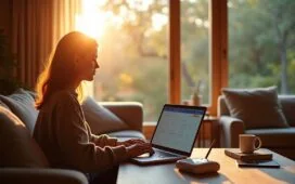 In einem hell erleuchteten, modern eingerichteten Wohnzimmer sitzt eine entspannte Person vor einem Laptop und richtet gerade eine Fritzbox-Router-Konfiguration ein, während warmes Tageslicht durch große Fenster fällt und eine vertrauensvolle, heimelige Atmosphäre schafft, die zugleich die sensible Balance zwischen Komfort und digitaler Sicherheit symbolisiert.