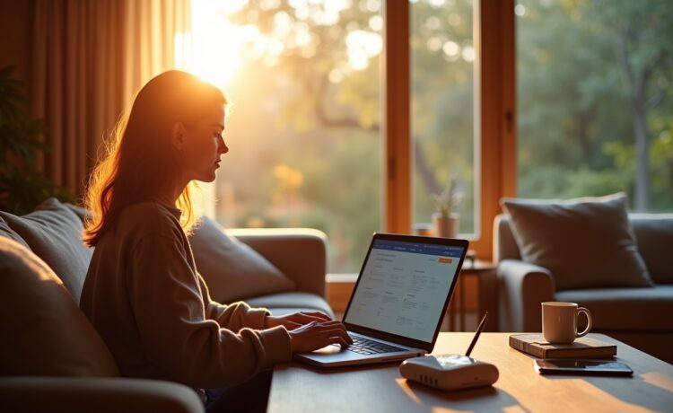 In einem hell erleuchteten, modern eingerichteten Wohnzimmer sitzt eine entspannte Person vor einem Laptop und richtet gerade eine Fritzbox-Router-Konfiguration ein, während warmes Tageslicht durch große Fenster fällt und eine vertrauensvolle, heimelige Atmosphäre schafft, die zugleich die sensible Balance zwischen Komfort und digitaler Sicherheit symbolisiert.