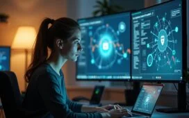 In einem hell beleuchteten, modernen Büro sitzt eine konzentrierte junge Frau vor einem Laptop, während im Hintergrund unscharfe Bildschirme mit digitalen Daten und subtilen Netzwerksymbolen die komplexe, vernetzte Welt der KI-gesteuerten Betrugsabwehr andeuten – atmosphärisch warm und authentisch, mit natürlichem Licht, das Vertrauen und Wachsamkeit ausstrahlt.