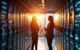 In einem hell erleuchteten, modernen Rechenzentrum zeichnet sich eine Gruppe engagierter IT-Expert:innen in entspannter Atmosphäre vor einem gläsernen Serverrack ab, während warmes Tageslicht durch große Fenster fällt und die technische Zukunft des Cloud-Computings und den globalen Wettlauf um Halbleiter mit menschlicher Nähe und Optimismus vereint.