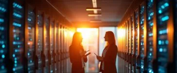 In einem hell erleuchteten, modernen Rechenzentrum zeichnet sich eine Gruppe engagierter IT-Expert:innen in entspannter Atmosphäre vor einem gläsernen Serverrack ab, während warmes Tageslicht durch große Fenster fällt und die technische Zukunft des Cloud-Computings und den globalen Wettlauf um Halbleiter mit menschlicher Nähe und Optimismus vereint.
