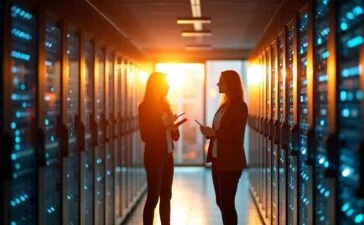 In einem hell erleuchteten, modernen Rechenzentrum zeichnet sich eine Gruppe engagierter IT-Expert:innen in entspannter Atmosphäre vor einem gläsernen Serverrack ab, während warmes Tageslicht durch große Fenster fällt und die technische Zukunft des Cloud-Computings und den globalen Wettlauf um Halbleiter mit menschlicher Nähe und Optimismus vereint.