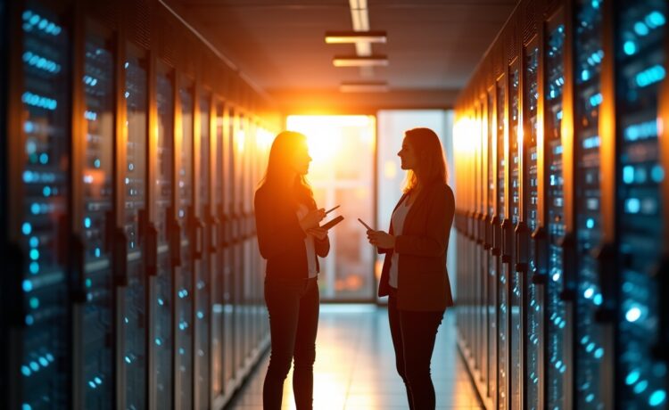 In einem hell erleuchteten, modernen Rechenzentrum zeichnet sich eine Gruppe engagierter IT-Expert:innen in entspannter Atmosphäre vor einem gläsernen Serverrack ab, während warmes Tageslicht durch große Fenster fällt und die technische Zukunft des Cloud-Computings und den globalen Wettlauf um Halbleiter mit menschlicher Nähe und Optimismus vereint.