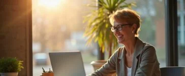 Ein hell erleuchteter, moderner Arbeitsraum mit einer entspannt lächelnden Person mittleren Alters vor einem Laptop, umgeben von Notizbüchern und leichter natürlicher Sonneneinstrahlung, die eine warme Atmosphäre schafft und die Balance von menschlicher Verantwortung und digitaler Innovation im Umgang mit KI-Texten symbolisiert.