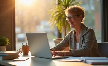 Ein hell erleuchteter, moderner Arbeitsraum mit einer entspannt lächelnden Person mittleren Alters vor einem Laptop, umgeben von Notizbüchern und leichter natürlicher Sonneneinstrahlung, die eine warme Atmosphäre schafft und die Balance von menschlicher Verantwortung und digitaler Innovation im Umgang mit KI-Texten symbolisiert.