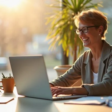 Ein hell erleuchteter, moderner Arbeitsraum mit einer entspannt lächelnden Person mittleren Alters vor einem Laptop, umgeben von Notizbüchern und leichter natürlicher Sonneneinstrahlung, die eine warme Atmosphäre schafft und die Balance von menschlicher Verantwortung und digitaler Innovation im Umgang mit KI-Texten symbolisiert.