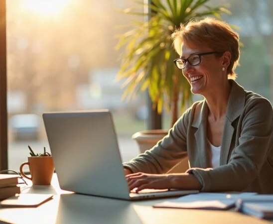 Ein hell erleuchteter, moderner Arbeitsraum mit einer entspannt lächelnden Person mittleren Alters vor einem Laptop, umgeben von Notizbüchern und leichter natürlicher Sonneneinstrahlung, die eine warme Atmosphäre schafft und die Balance von menschlicher Verantwortung und digitaler Innovation im Umgang mit KI-Texten symbolisiert.