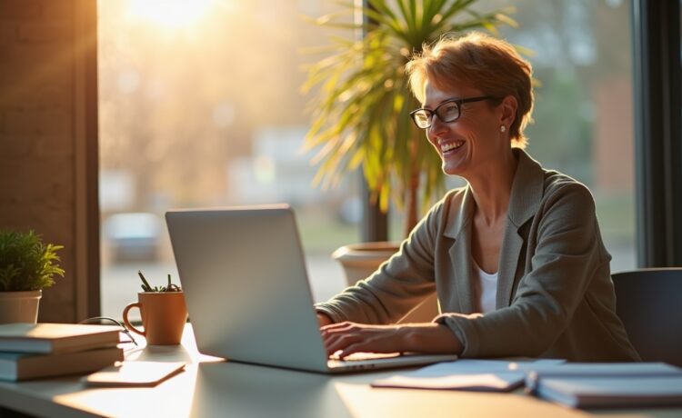 Ein hell erleuchteter, moderner Arbeitsraum mit einer entspannt lächelnden Person mittleren Alters vor einem Laptop, umgeben von Notizbüchern und leichter natürlicher Sonneneinstrahlung, die eine warme Atmosphäre schafft und die Balance von menschlicher Verantwortung und digitaler Innovation im Umgang mit KI-Texten symbolisiert.