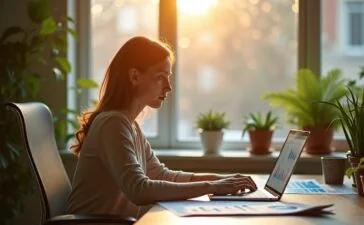 In einem hell erleuchteten, modernen Büro sitzt eine junge Frau entspannt vor einem Laptop, umgeben von warmem Tageslicht und grünen Pflanzen, während sie konzentriert Finanzdiagramme und Zahlen analysiert – ein einladendes Symbol für die Verbindung von menschlicher Entscheidungskraft und künstlicher Intelligenz in der Finanzberatung.