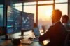 In einem modernen, lichtdurchfluteten Büro sitzen konzentrierte Business-Profis vor großen Bildschirmen voller dynamischer Daten, während warme Sonnenstrahlen die Hightech-Atmosphäre durch bodentiefe Fenster sanft erhellen und ein Gefühl von zukunftsweisender Innovation und strategischer Investitionsfreude vermitteln.