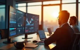 In einem modernen, lichtdurchfluteten Büro sitzen konzentrierte Business-Profis vor großen Bildschirmen voller dynamischer Daten, während warme Sonnenstrahlen die Hightech-Atmosphäre durch bodentiefe Fenster sanft erhellen und ein Gefühl von zukunftsweisender Innovation und strategischer Investitionsfreude vermitteln.