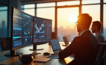 In einem modernen, lichtdurchfluteten Büro sitzen konzentrierte Business-Profis vor großen Bildschirmen voller dynamischer Daten, während warme Sonnenstrahlen die Hightech-Atmosphäre durch bodentiefe Fenster sanft erhellen und ein Gefühl von zukunftsweisender Innovation und strategischer Investitionsfreude vermitteln.