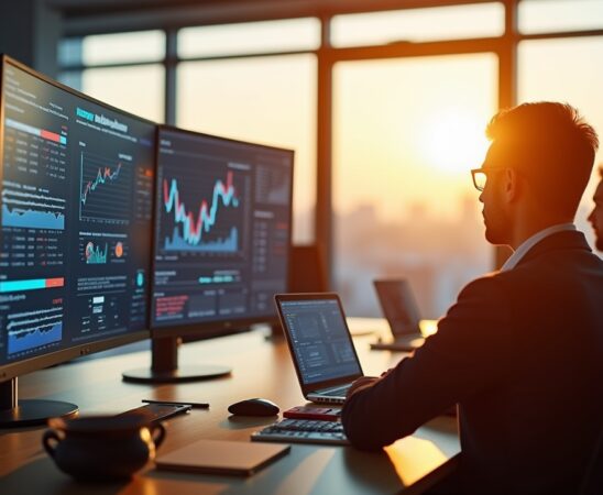 In einem modernen, lichtdurchfluteten Büro sitzen konzentrierte Business-Profis vor großen Bildschirmen voller dynamischer Daten, während warme Sonnenstrahlen die Hightech-Atmosphäre durch bodentiefe Fenster sanft erhellen und ein Gefühl von zukunftsweisender Innovation und strategischer Investitionsfreude vermitteln.