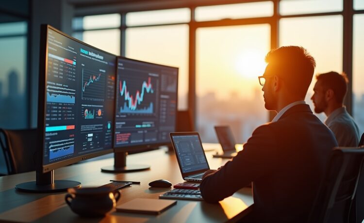 In einem modernen, lichtdurchfluteten Büro sitzen konzentrierte Business-Profis vor großen Bildschirmen voller dynamischer Daten, während warme Sonnenstrahlen die Hightech-Atmosphäre durch bodentiefe Fenster sanft erhellen und ein Gefühl von zukunftsweisender Innovation und strategischer Investitionsfreude vermitteln.