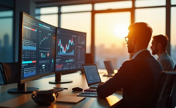 In einem modernen, lichtdurchfluteten Büro sitzen konzentrierte Business-Profis vor großen Bildschirmen voller dynamischer Daten, während warme Sonnenstrahlen die Hightech-Atmosphäre durch bodentiefe Fenster sanft erhellen und ein Gefühl von zukunftsweisender Innovation und strategischer Investitionsfreude vermitteln.