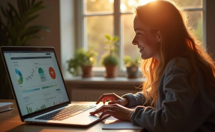 Eine helle, freundlich erleuchtete Büroszene mit aufgeschlagenem Laptop, auf dessen Bildschirm gedankenvoll digitale Diagramme und Nutzerstatistiken sichtbar sind, während eine junge Frau mit einem warmen Lächeln und konzentriertem Blick im natürlichen Tageslicht die Funktionen einer Premium-App testet – Sinnbild für den Balanceakt zwischen Innovation, Nutzerzufriedenheit und nachhaltigen Geschäftsmodellen im digitalen Zeitalter.