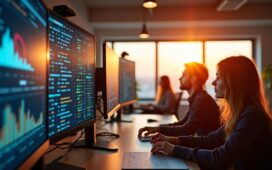 Ein warm beleuchtetes, modernes Büro mit sympathisch konzentrierten Entwickler:innen vor großen Bildschirmen, die dynamisch komplexe Daten visualisieren und gemeinschaftlich an Kubernetes-Konfigurationen arbeiten, während das Tageslicht sanft durch Panoramafenster fällt und eine Atmosphäre von Fortschritt, Teamgeist und technologischer Sicherheit schafft.