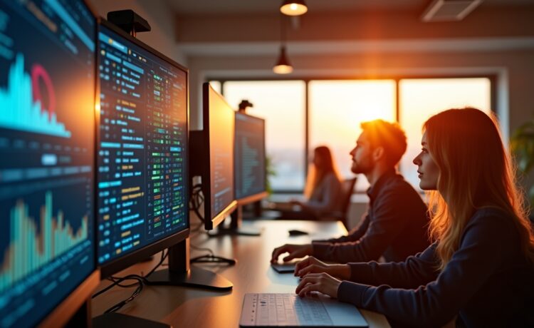 Ein warm beleuchtetes, modernes Büro mit sympathisch konzentrierten Entwickler:innen vor großen Bildschirmen, die dynamisch komplexe Daten visualisieren und gemeinschaftlich an Kubernetes-Konfigurationen arbeiten, während das Tageslicht sanft durch Panoramafenster fällt und eine Atmosphäre von Fortschritt, Teamgeist und technologischer Sicherheit schafft.