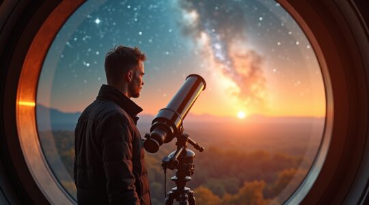 Ein strahlend klarer Morgen im Observatorium, wo ein engagierter Astronom im warmen Sonnenlicht mit fokussiertem Blick an einem hochmodernen Teleskop steht, während durch das große Panoramafenster im Hintergrund das endlose Sternenzelt des Universums in lebendigen Blau- und Goldtönen glitzert und die faszinierende Symbiose von menschlicher Neugier und bahnbrechender KI-Technologie spürbar wird.