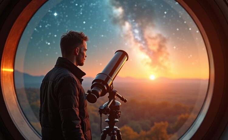 Ein strahlend klarer Morgen im Observatorium, wo ein engagierter Astronom im warmen Sonnenlicht mit fokussiertem Blick an einem hochmodernen Teleskop steht, während durch das große Panoramafenster im Hintergrund das endlose Sternenzelt des Universums in lebendigen Blau- und Goldtönen glitzert und die faszinierende Symbiose von menschlicher Neugier und bahnbrechender KI-Technologie spürbar wird.