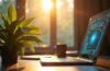 Ein sonnendurchflutetes, modernes Labor mit sanftem Tageslicht, in dem ein Computer mit leuchtenden Prozessoren neben einer ruhigen Pflanze steht – Symbol für die harmonische Verbindung von Technologie und Erholung, die durch Wärme und Natürlichkeit eine positive, zukunftsweisende Atmosphäre schafft.
