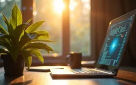 Ein sonnendurchflutetes, modernes Labor mit sanftem Tageslicht, in dem ein Computer mit leuchtenden Prozessoren neben einer ruhigen Pflanze steht – Symbol für die harmonische Verbindung von Technologie und Erholung, die durch Wärme und Natürlichkeit eine positive, zukunftsweisende Atmosphäre schafft.