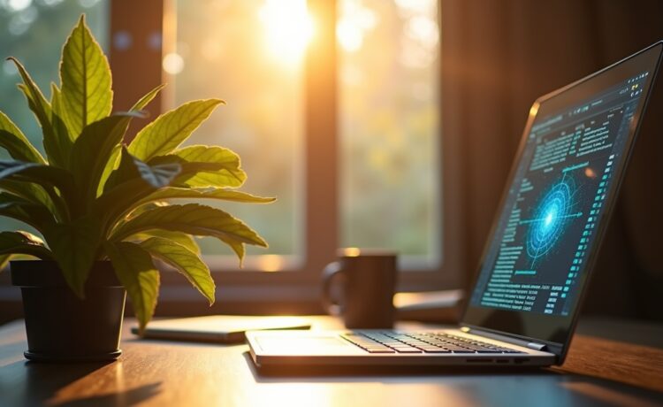 Ein sonnendurchflutetes, modernes Labor mit sanftem Tageslicht, in dem ein Computer mit leuchtenden Prozessoren neben einer ruhigen Pflanze steht – Symbol für die harmonische Verbindung von Technologie und Erholung, die durch Wärme und Natürlichkeit eine positive, zukunftsweisende Atmosphäre schafft.