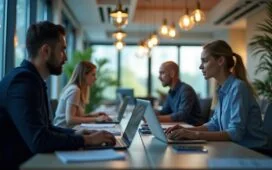 Eine helle, einladende Büroszene mit konzentrierten Menschen vor Computern, die in natürlichem Tageslicht eine lebhafte Teamarbeit zeigen, während digitale E-Mail-Symbole dezent im Hintergrund für die Herausforderung mit Massenspam und moderner Sicherheit stehen.