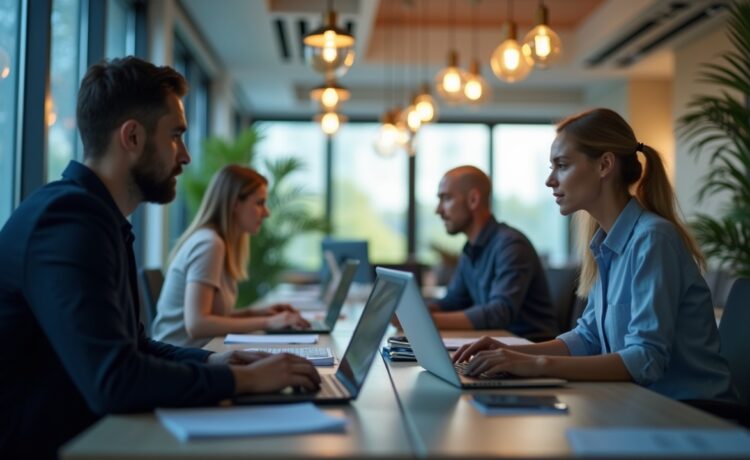 Eine helle, einladende Büroszene mit konzentrierten Menschen vor Computern, die in natürlichem Tageslicht eine lebhafte Teamarbeit zeigen, während digitale E-Mail-Symbole dezent im Hintergrund für die Herausforderung mit Massenspam und moderner Sicherheit stehen.