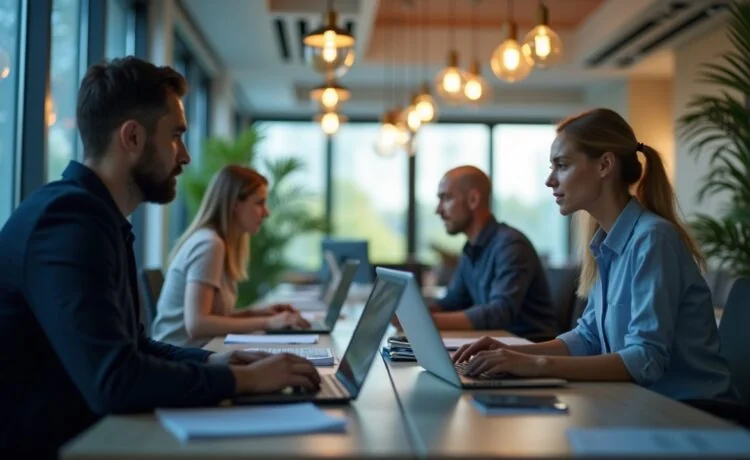 Eine helle, einladende Büroszene mit konzentrierten Menschen vor Computern, die in natürlichem Tageslicht eine lebhafte Teamarbeit zeigen, während digitale E-Mail-Symbole dezent im Hintergrund für die Herausforderung mit Massenspam und moderner Sicherheit stehen.