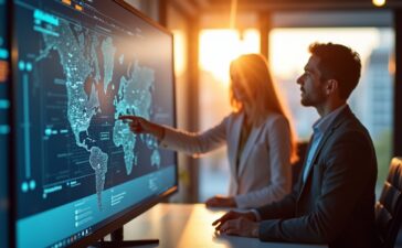 Ein lichtdurchflutetes, modernes Büro mit freundlichen IT-Fachleuten in angeregtem Austausch vor großen Bildschirmen, die digital vernetzte Infrastruktur übersichtlich visualisieren – lebendig, warm und inspirierend, im natürlichen Tageslicht einer innovativen Arbeitswelt.