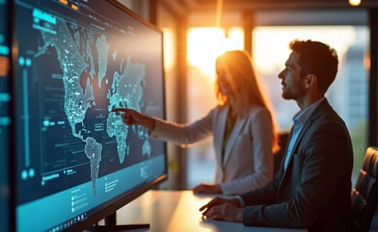 Ein lichtdurchflutetes, modernes Büro mit freundlichen IT-Fachleuten in angeregtem Austausch vor großen Bildschirmen, die digital vernetzte Infrastruktur übersichtlich visualisieren – lebendig, warm und inspirierend, im natürlichen Tageslicht einer innovativen Arbeitswelt.