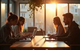 In einem hell erleuchteten, modernen Coworking-Space sitzen mehrere junge Menschen konzentriert vor ihren Laptops, umgeben von warmem Tageslicht und freundlicher Atmosphäre, während sie angeregt in vertraulichem Austausch über digitale Innovation und die ethischen Herausforderungen moderner KI-Technologien stehen.